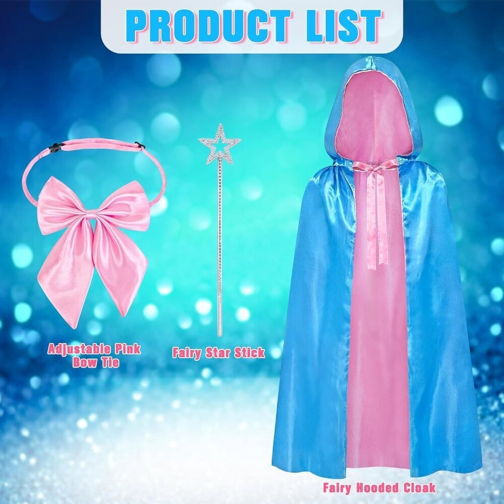 Fairy Godmother Costume Set Fairy Accessories Blue Hooded Cape Bow Tie Star Wand - Picture 3 of 6